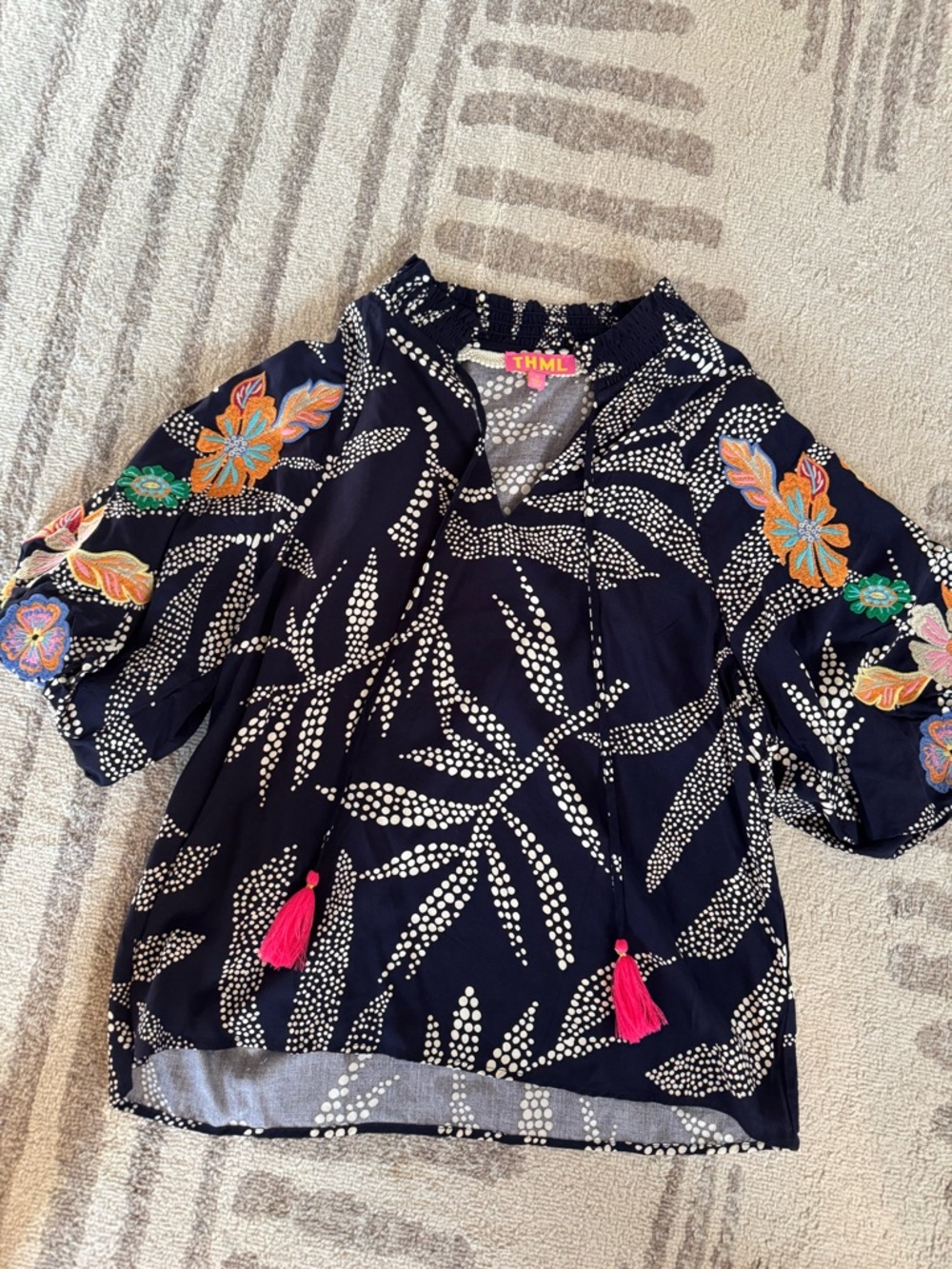 THML Navy Embroidered Blossom Top with Pink Tassels